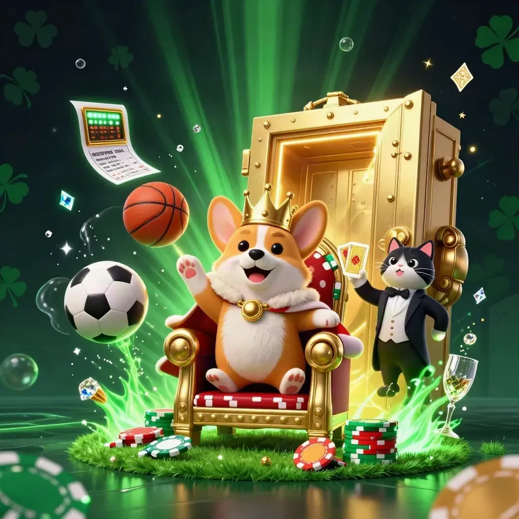 Royal corgi and cat butler amid flying balls, vault gold, gems, and casino glow.