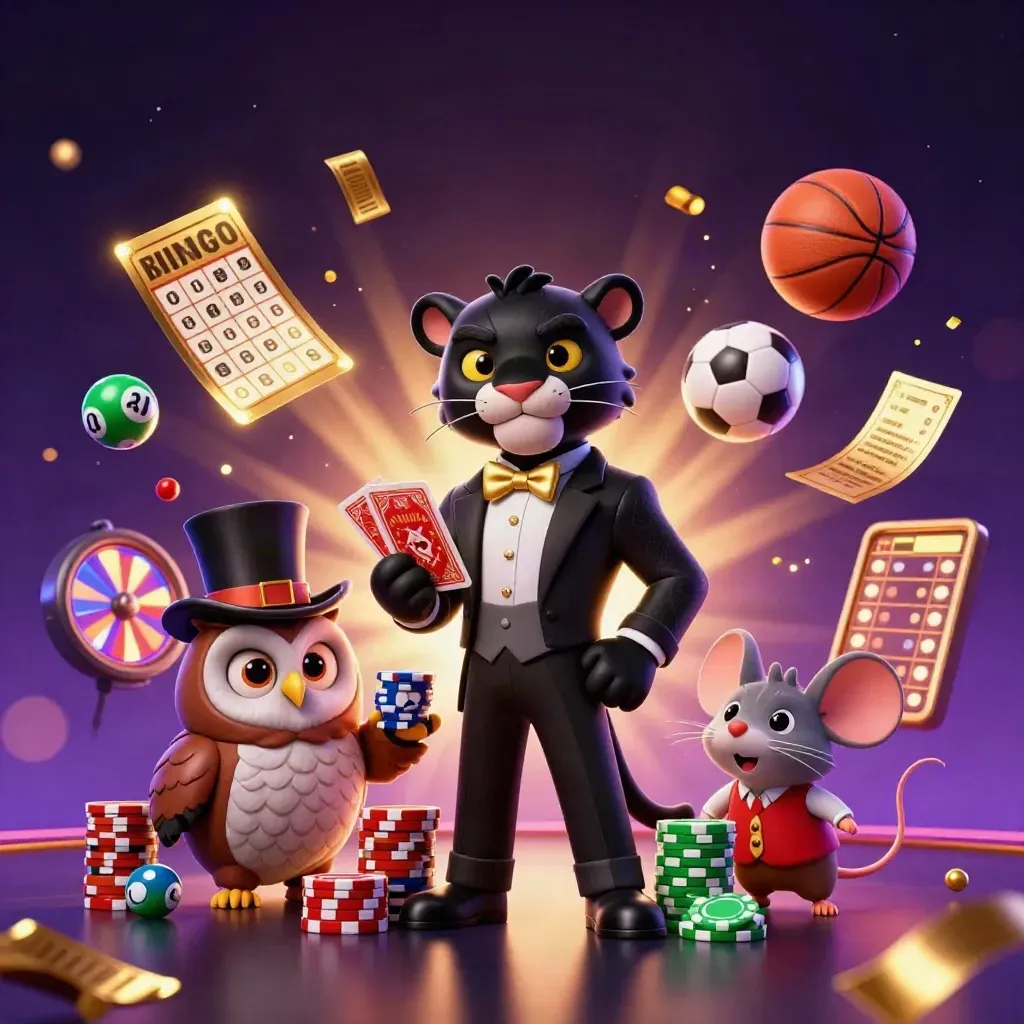 Black panther, owl, and mouse amid casino chips, sports balls, and gold sparkles.