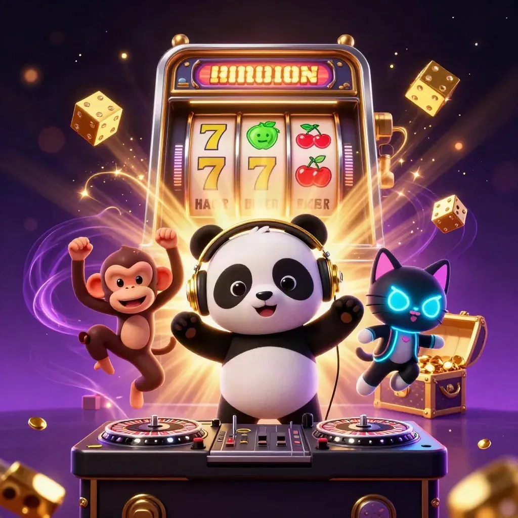DJ panda, breakdancing monkey, and rave kitten amid slot bursts, gold dice, and treasure.