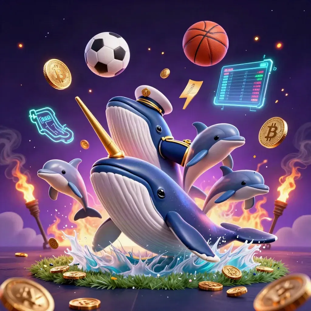 Whale, narwhal and dolphins burst through coins with crypto, sports balls and neon casino lights.