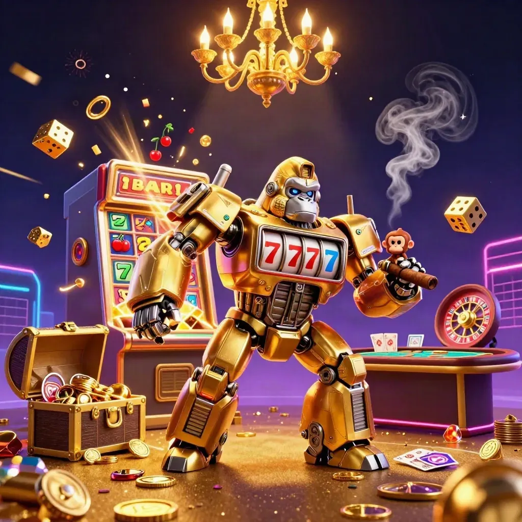 Golden gorilla mech and monkey pilot in a neon casino blast with slot symbols and jackpot glow