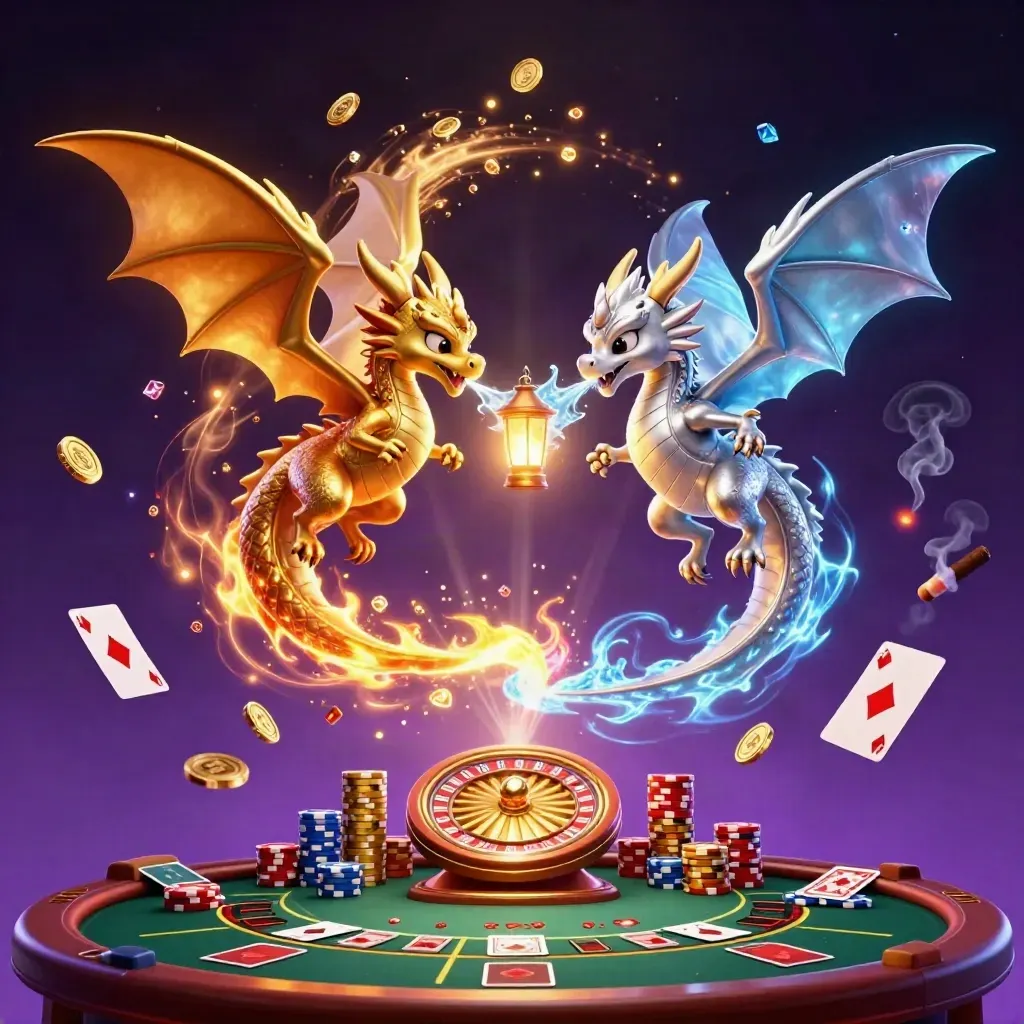 Gold and silver dragons swirl over luxe casino elements with coins, cards, chips, and glowing magic.