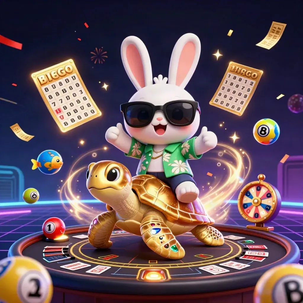 Lucky rabbit rides a gem-shelled golden turtle amid casino props, fireworks, and neon glow.