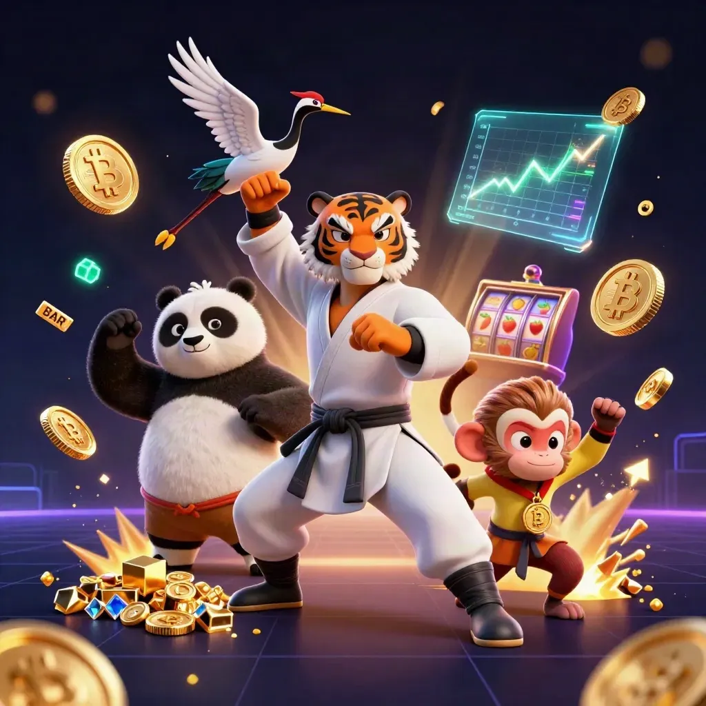 Kung-fu tiger, panda, and monkey amid glowing coins, reels, lightning, and casino treasure.
