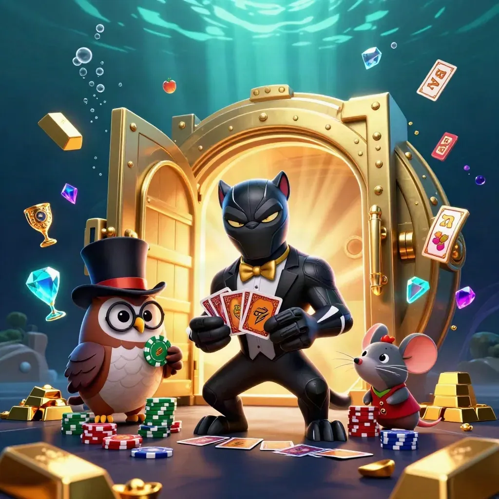 Panther, owl, and mouse in casino key art with a glowing vault, chips, and slot symbols.