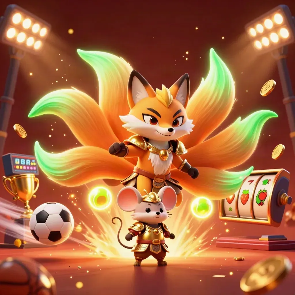 Neon nine-tailed fox spirit and samurai mouse amid casino balls, coins, and glowing slot effects.