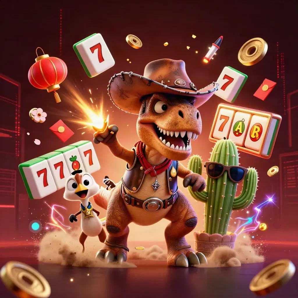 Cowboy T-Rex, cactus sidekick, and sheriff roadrunner blast through casino effects